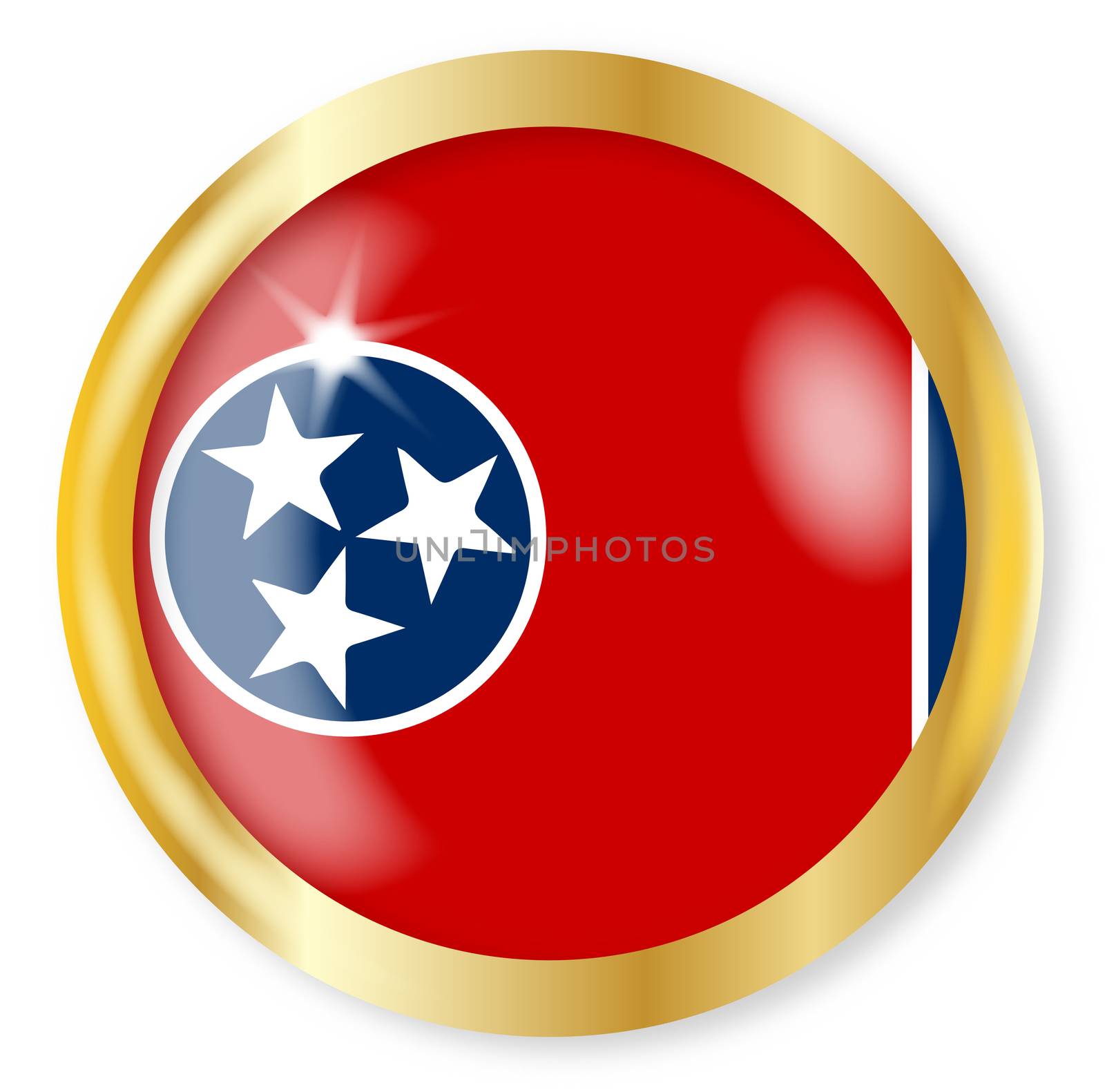 Tennessee state flag button with a gold metal circular border over a white background