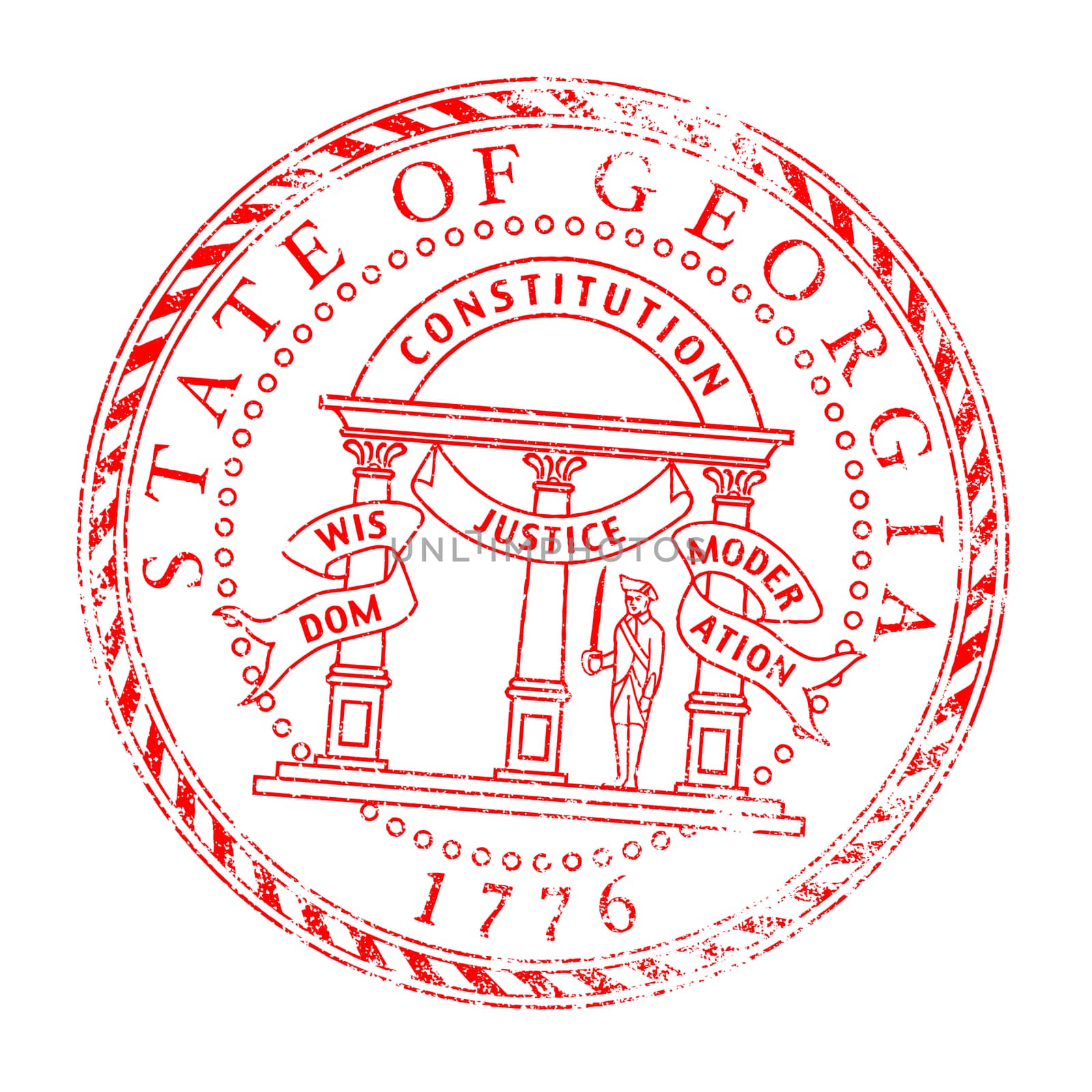 The state seal of Georgia as a rubber stamp over a white background