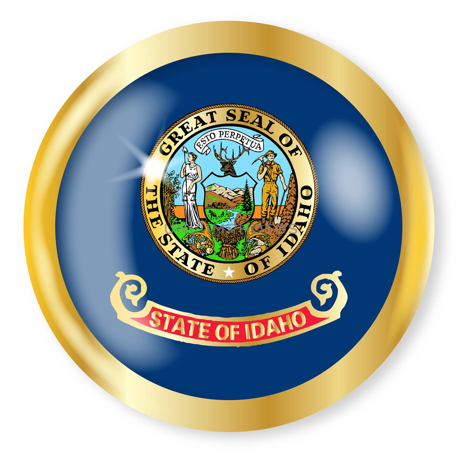 Idaho state flag button with a gold metal circular border over a white background