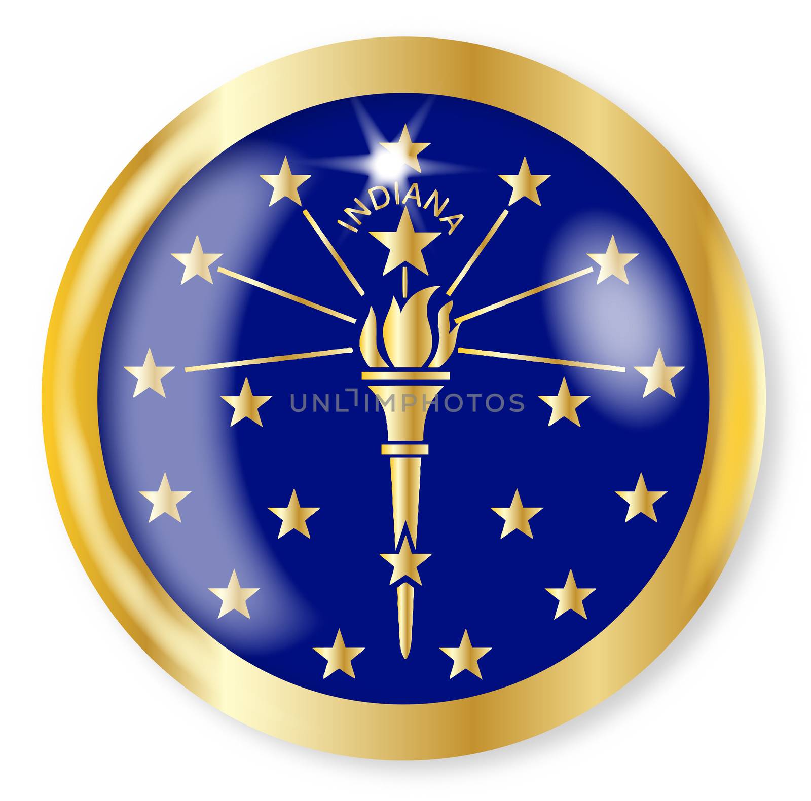 Indiana state flag button with a gold metal circular border over a white background