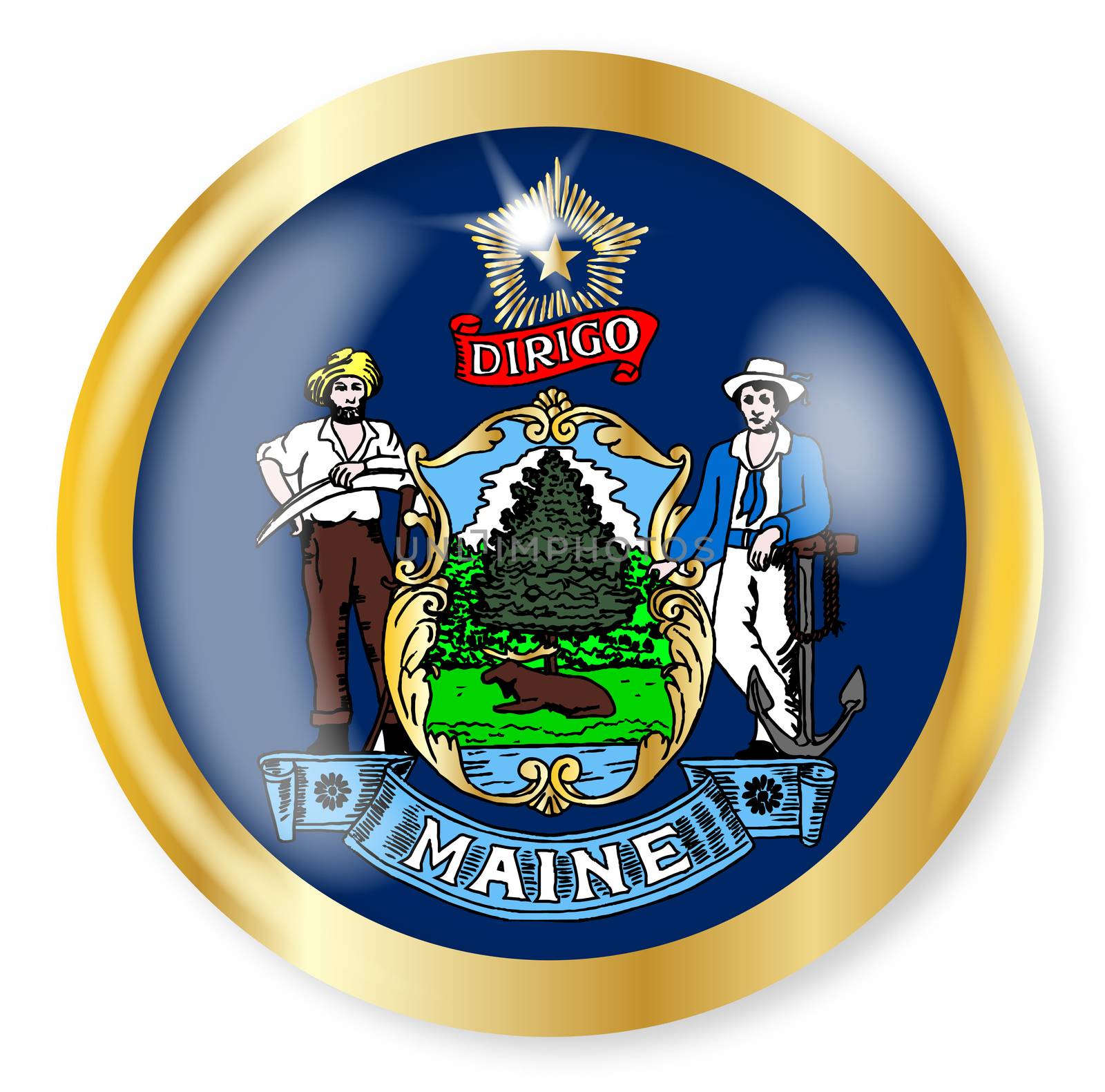 Maine state flag button with a gold metal circular border over a white background