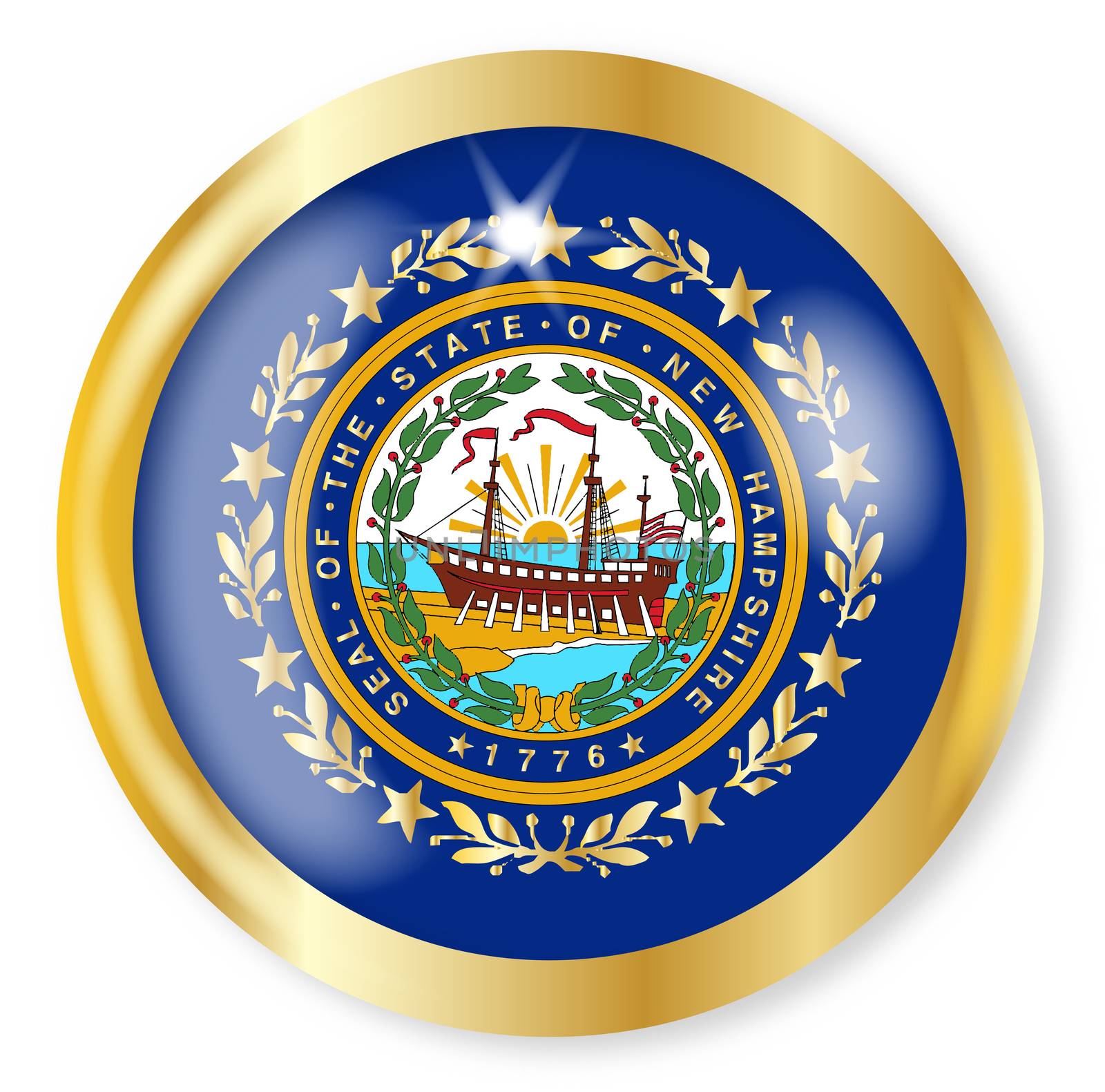 New Hampshire state flag button with a gold metal circular border over a white background