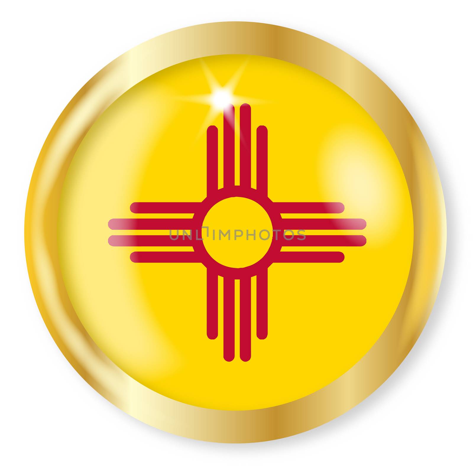 New Mexico state flag button with a gold metal circular border over a white background