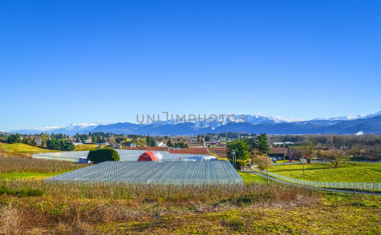 Winter season on fruit farm. Walley and mountains view on blue sky background by Imagenet