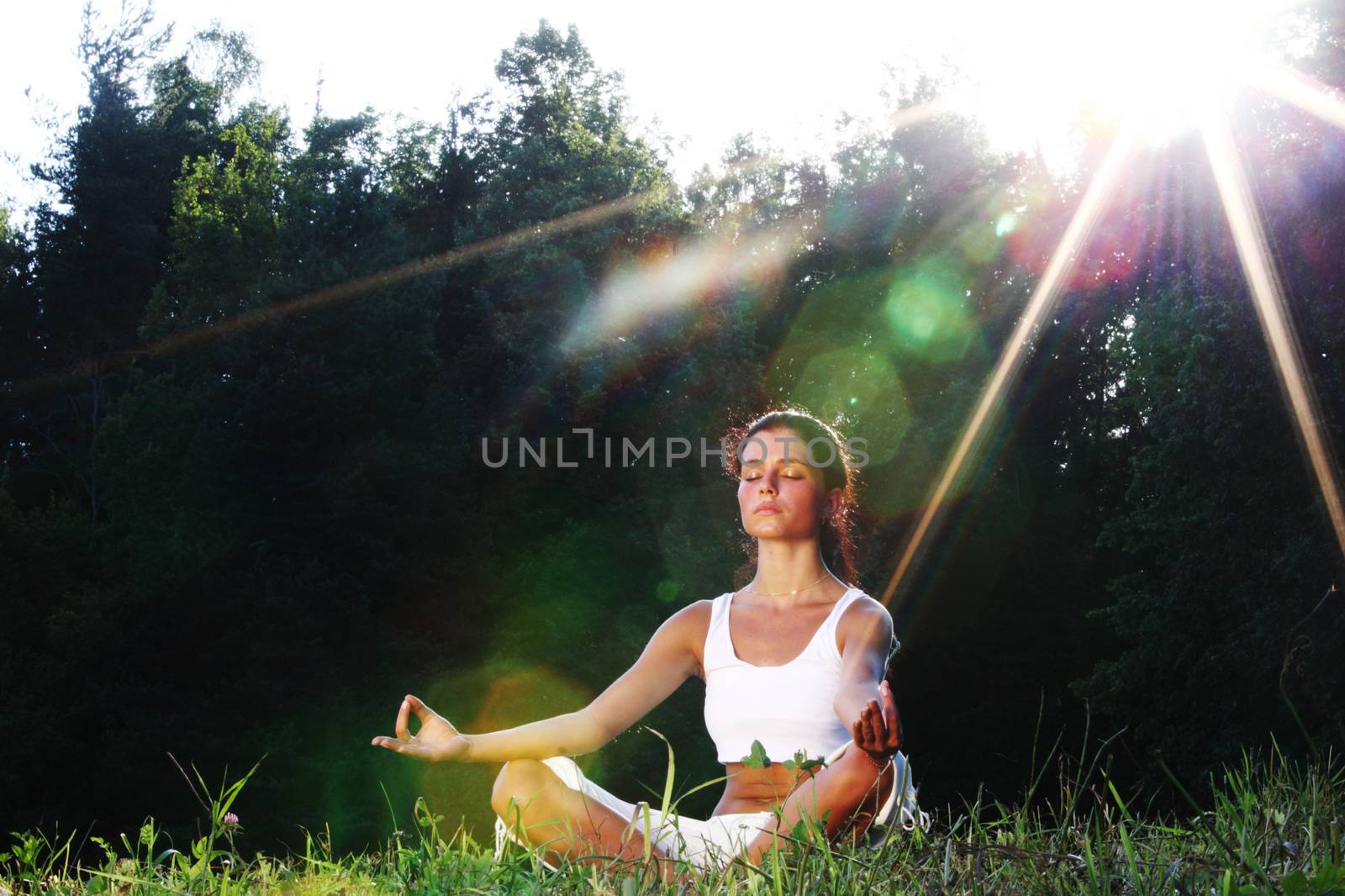 Young yoga woman on green grass lotus pose in sunrise light