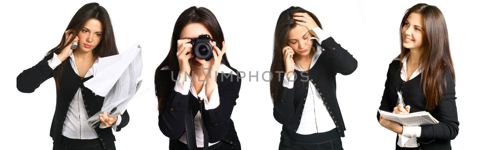 Set of young business woman working isolated on white background. Many tasks concept, secretary