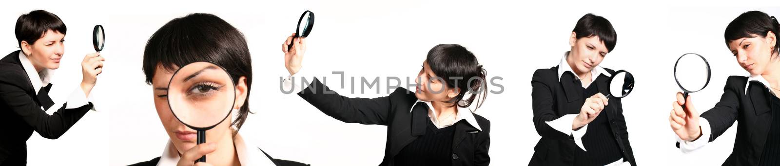 Business woman holding magnifying glass, set of pictures isolated on white background