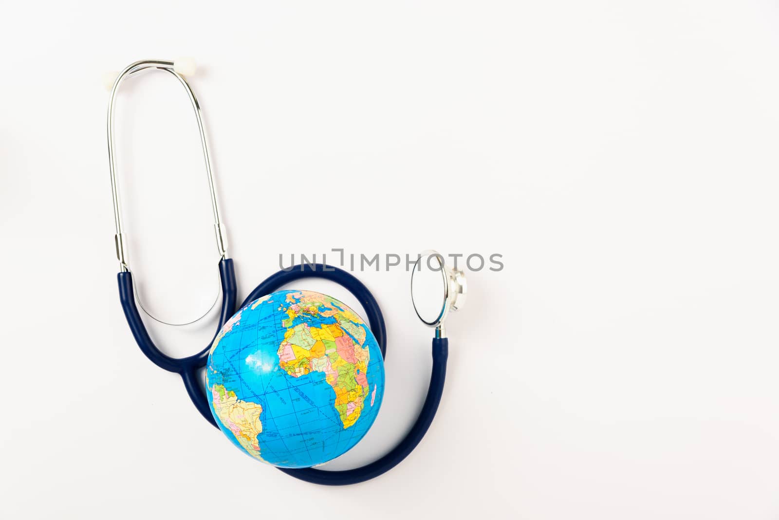 World health day concept, Stethoscope and globe on white background with copy space. Global health care