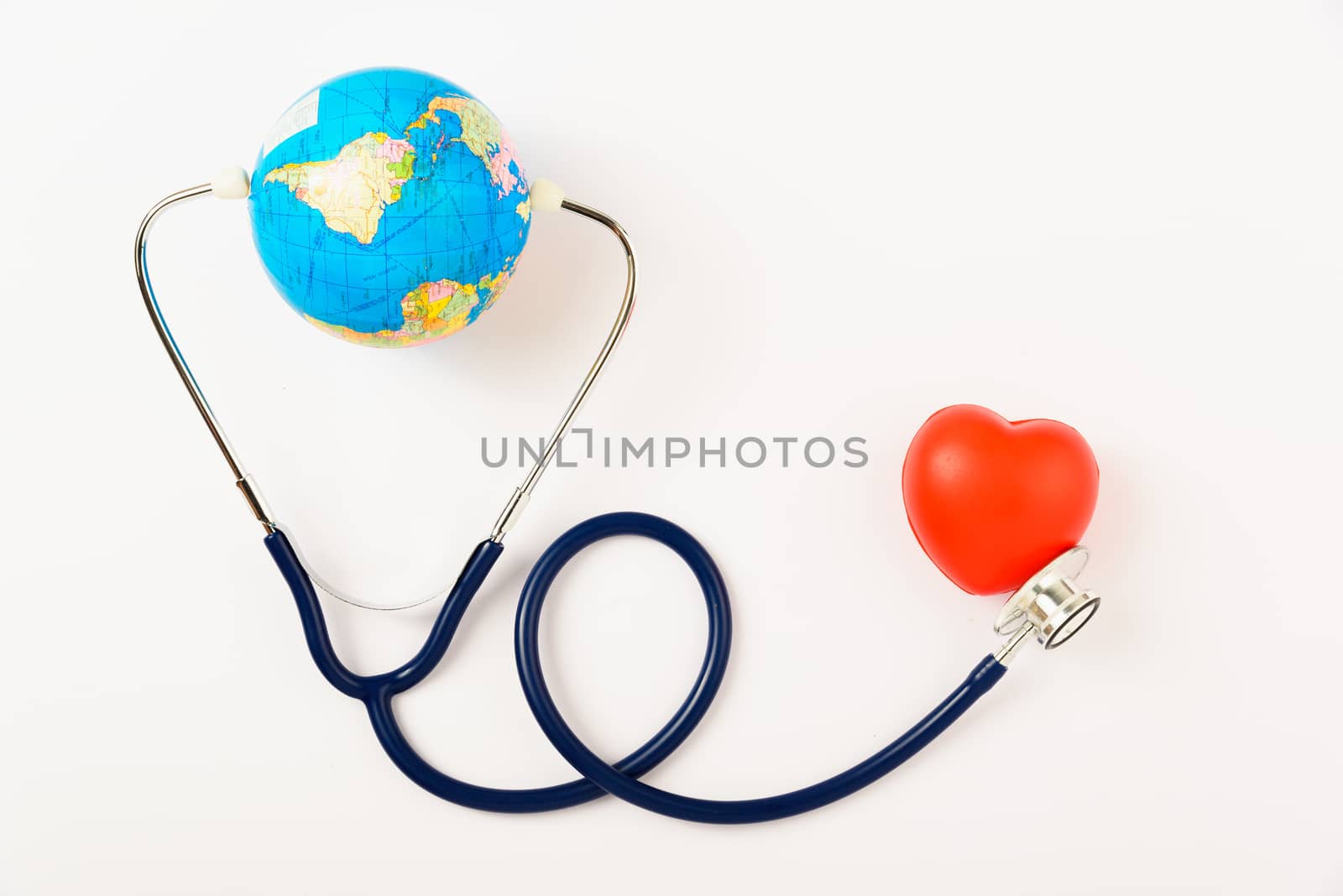 World health day concept, Stethoscope, globe and red heart on white background with copy space. Global health care