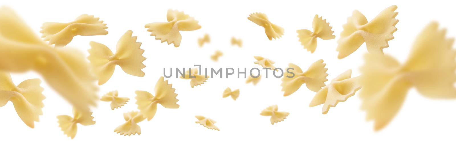 Italian pasta levitating on a white background.