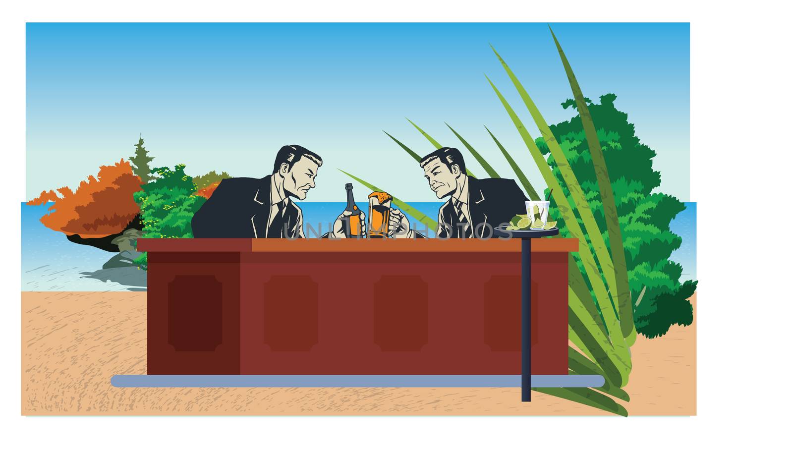 Businessman are drinking beer on beach