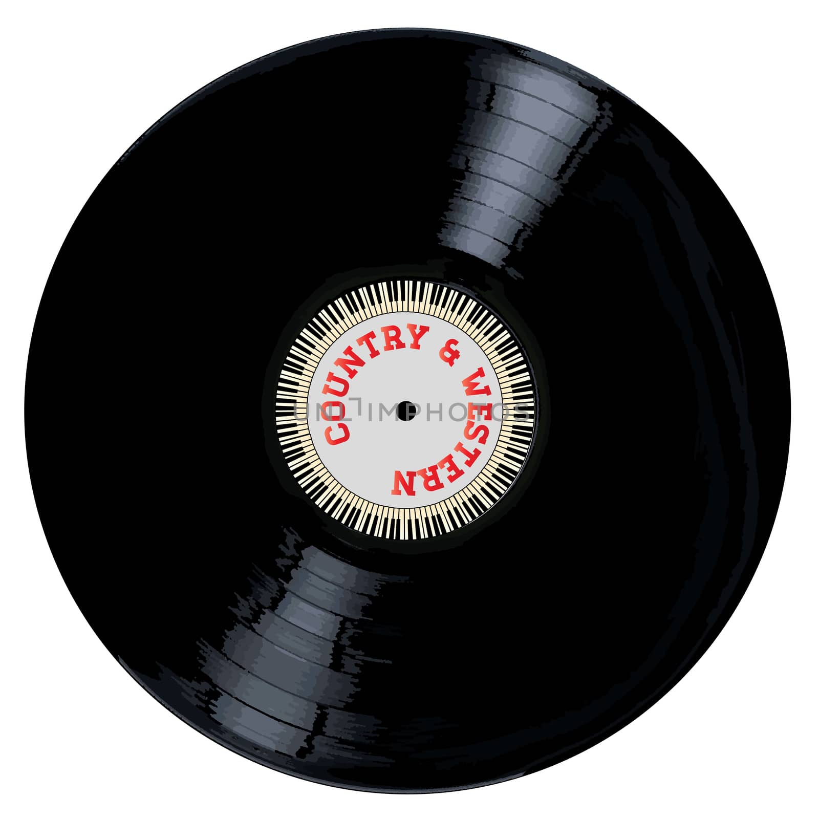 A typical LP vinyl record with the legend Country and Western and a circle of piano keys all over a white background.