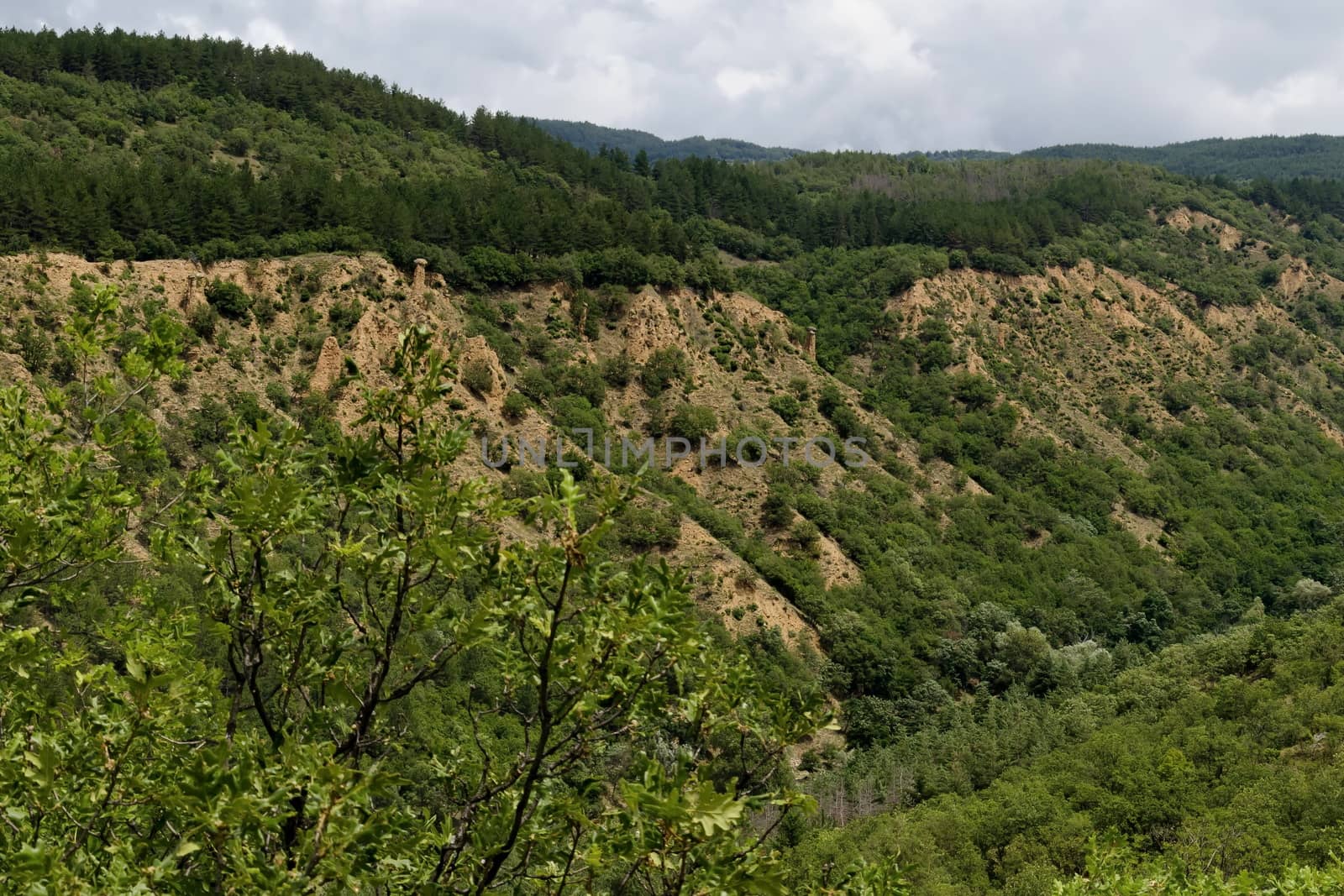 A view of the neighboring slope with new Stops pyramids of yellow rock formations, west share of Rila mountain, Kyustendil region, Bulgaria, Europe