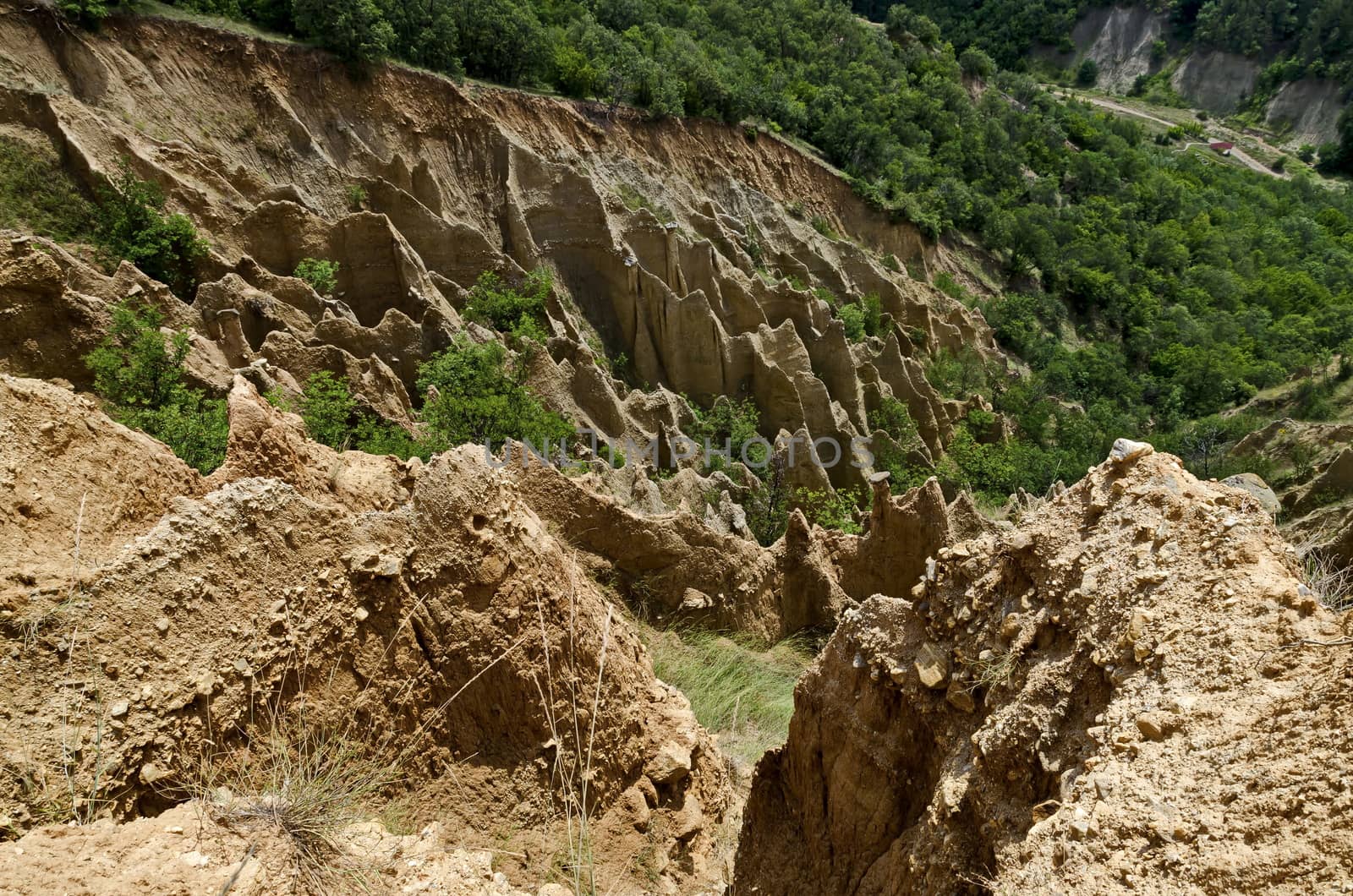 Fragment of the famous Stob’s Pyramids with unusual shape red and yellow rock formations, green bushes and trees around, west share of Rila mountain, Kyustendil region, Bulgaria, Europe