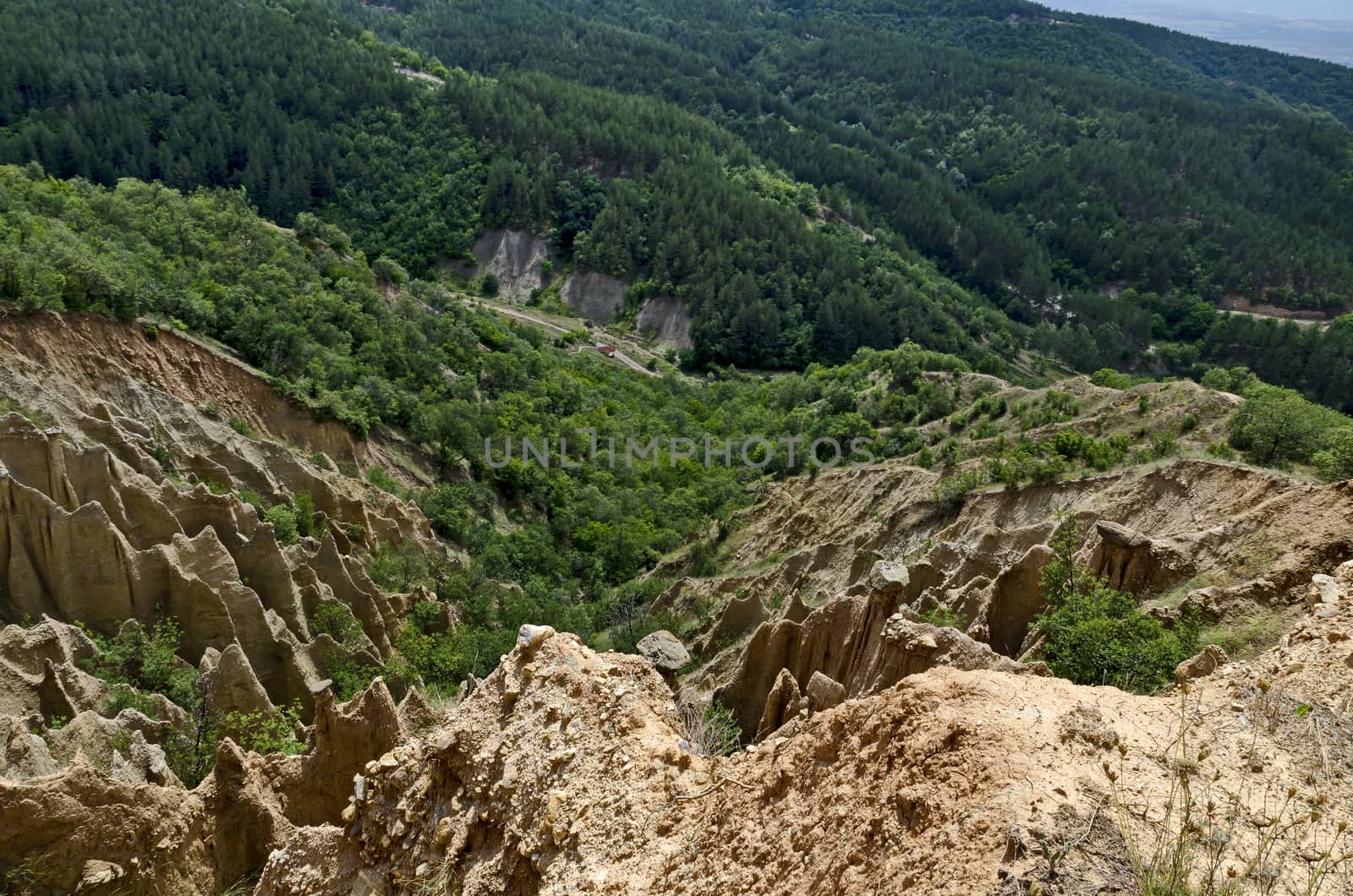 Fragment of the famous Stob’s Pyramids with unusual shape red and yellow rock formations, green bushes and trees around, west share of Rila mountain, Kyustendil region, Bulgaria, Europe