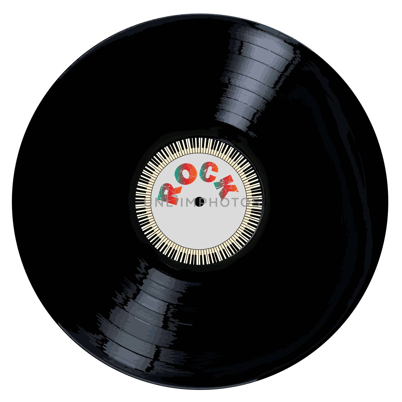 A typical LP vinyl record with the legend ROCK and a circle of piano keys all over a white background.