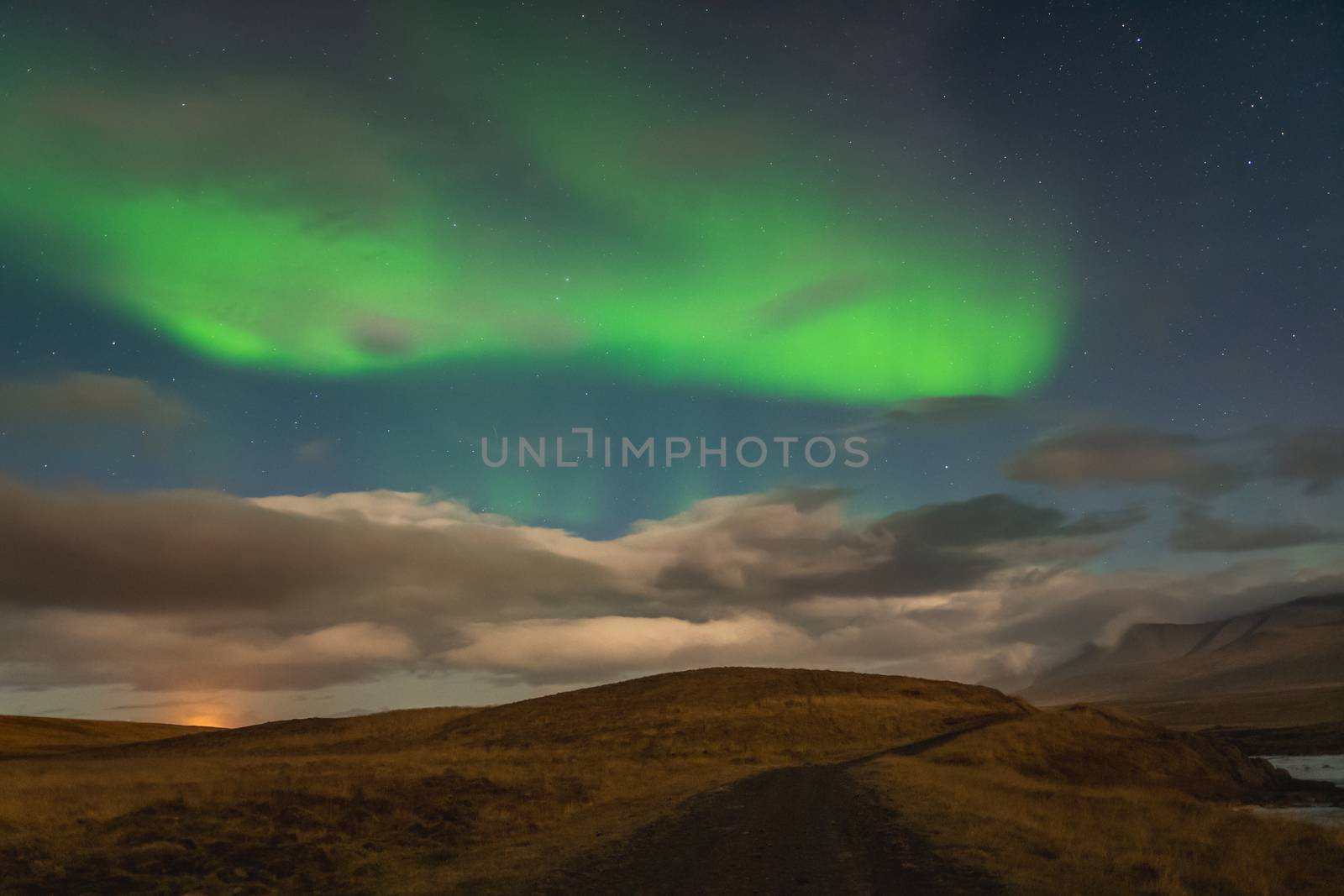 Aurora Borealis in Iceland northern lights bright beams rising in green beams over icelandic landscape by MXW_Stock