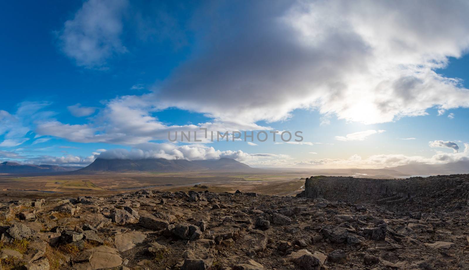 Borgarvirki mountain castle in Iceland panorama from top over stone walls and valley by MXW_Stock