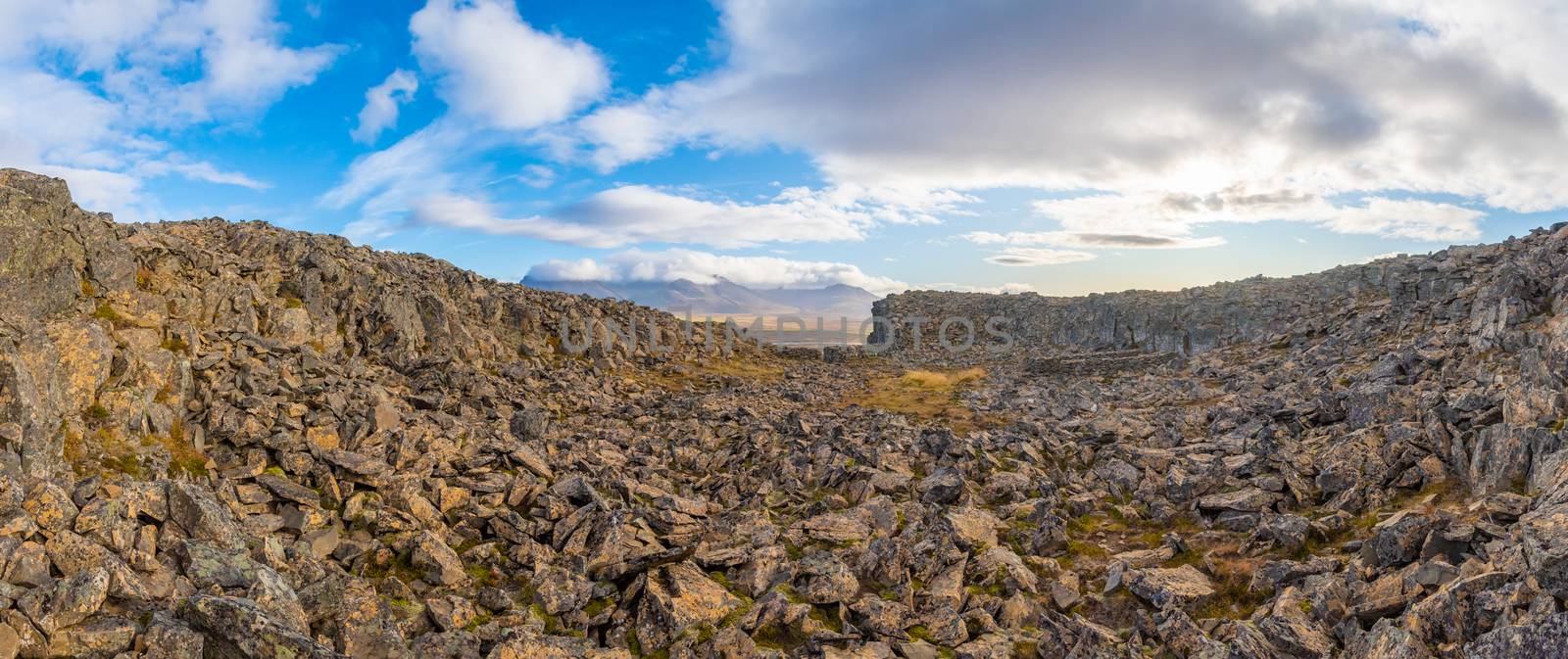 Borgarvirki castle in Iceland view over ancient remains during beautiful sunny day