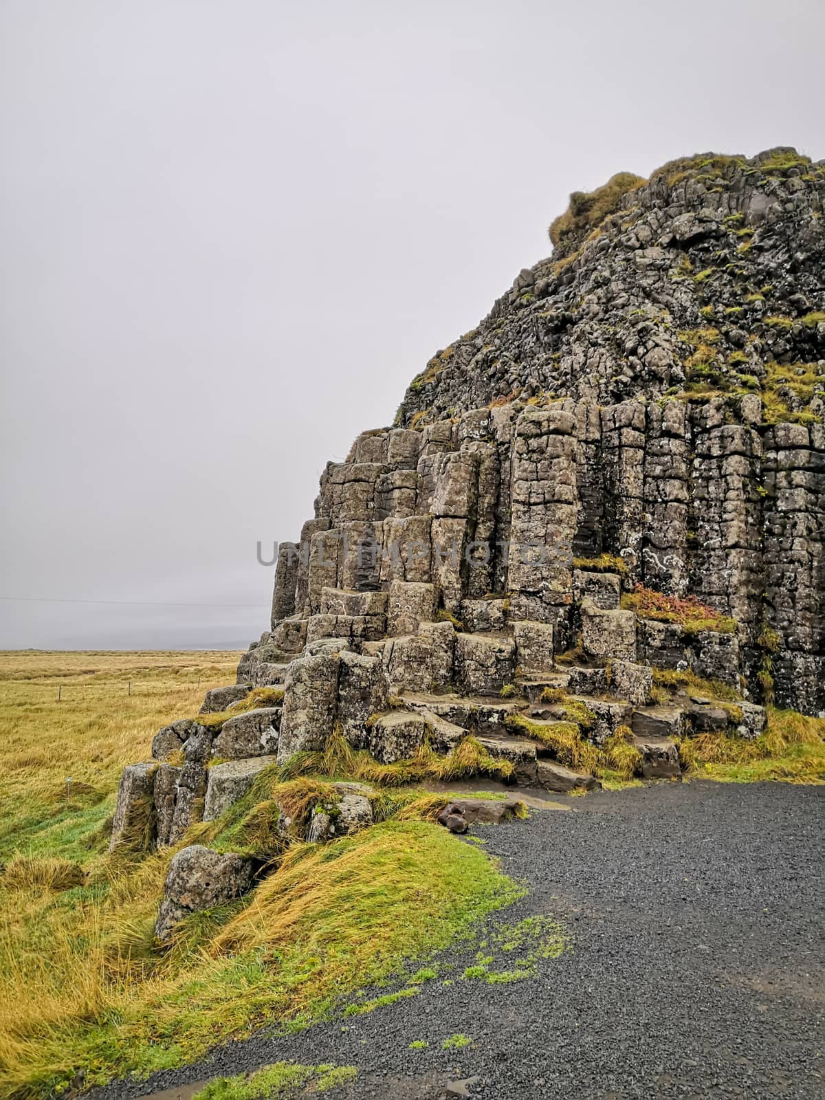 Dverghamrar dwarf hammer natural basalt columns covered in grass and moss in Iceland by MXW_Stock