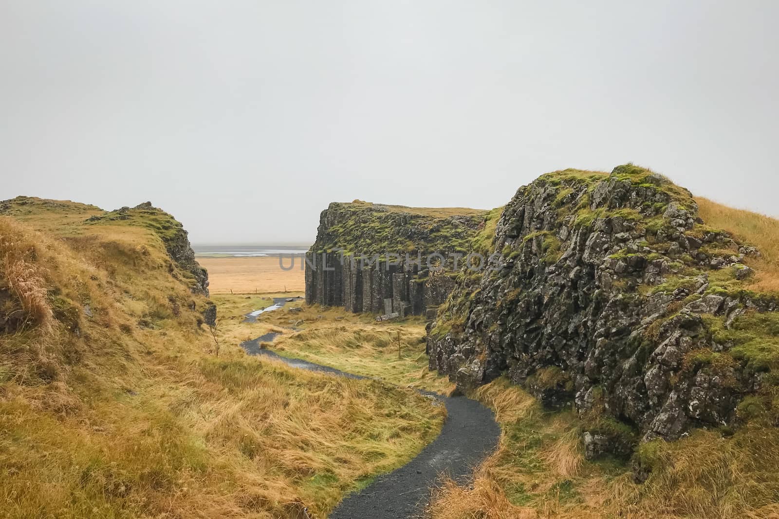 Dverghamrar dwarf hammer natural basalt columns covered in grass in southern Iceland