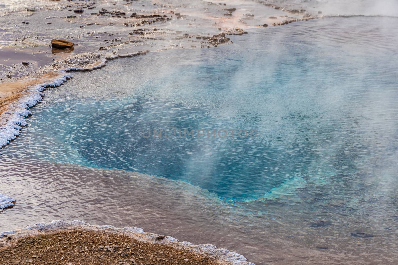 Geysir Golden Circle in Iceland deep blue water in geothermal pool boiling hot