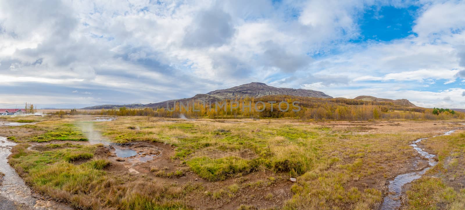 Geysir Golden Circle in Iceland panorama of Geysir area steaming landscape by MXW_Stock