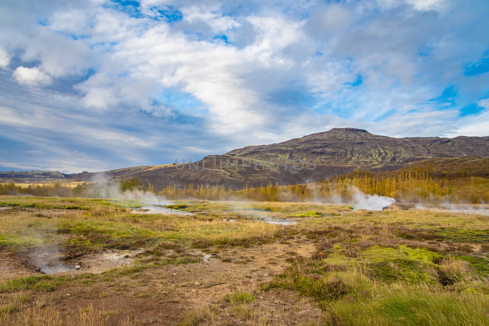 Geysir Golden Circle in Iceland steaming hot landscape many hot springs