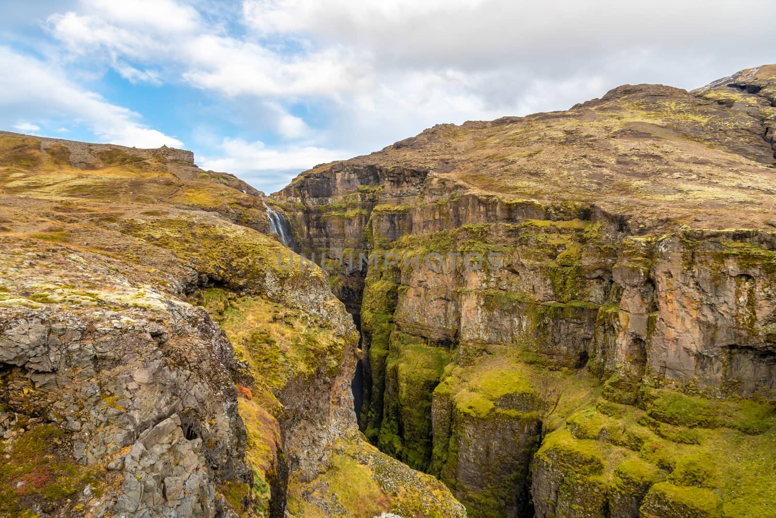 Glymur waterfall in Iceland gorge behind fall overgrown green canyon by MXW_Stock