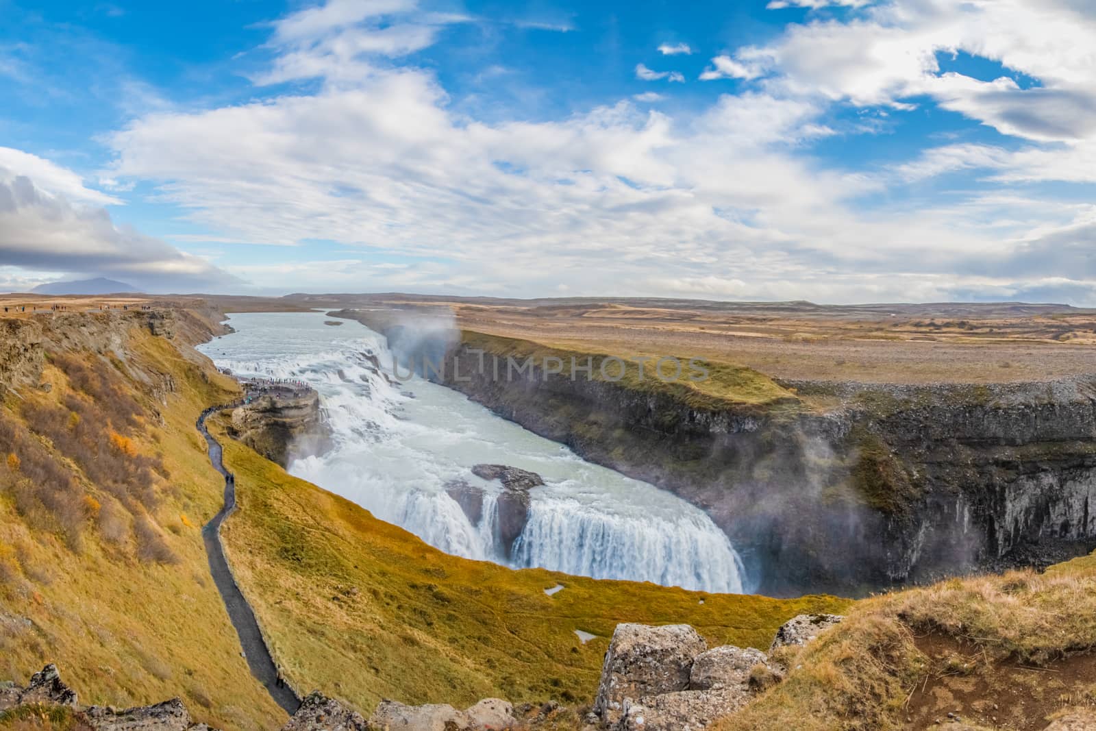 Gullfoss waterfall in Iceland full panorama over one the the biggest waterfalls in the world