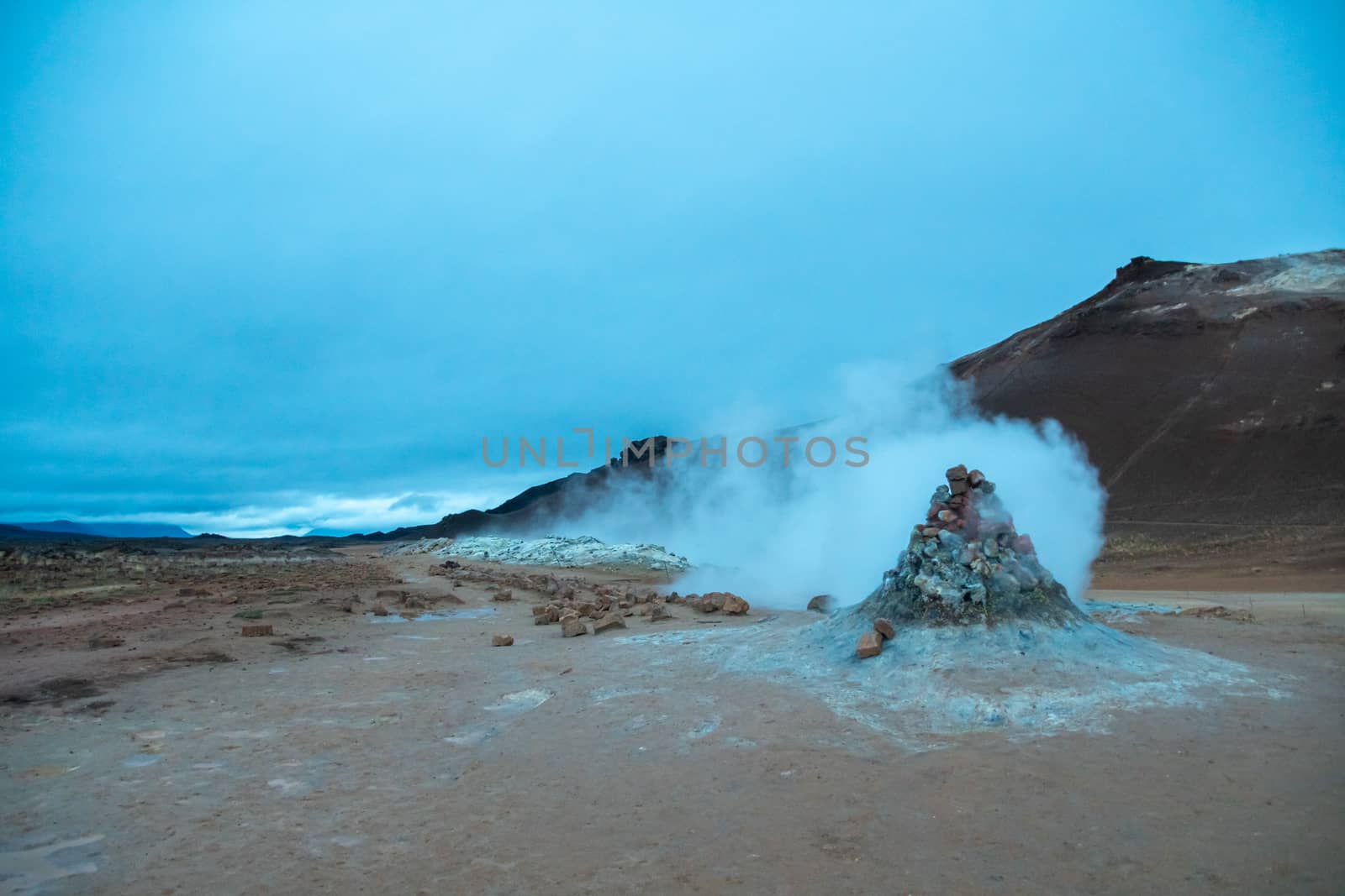 Hverir volcano in Iceland sulfuric smoker emitting very hot steam