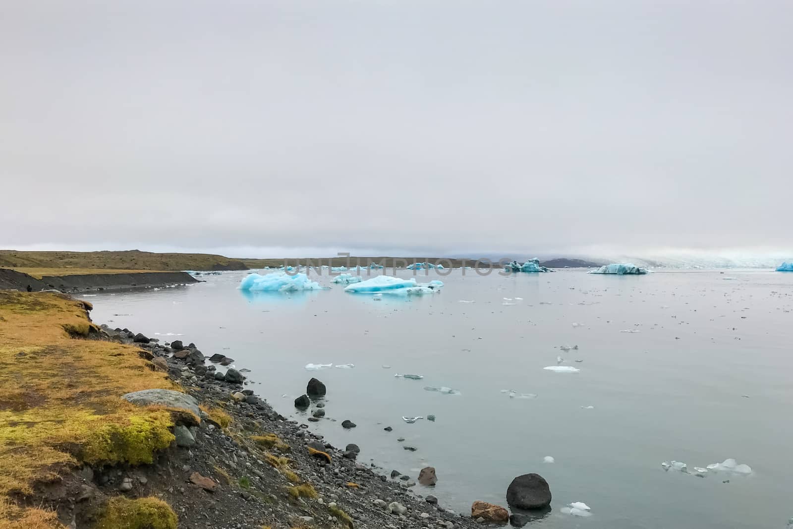Joekulsarlon Glacier Lagoon deep blue iceberg drifting towards shore line by MXW_Stock