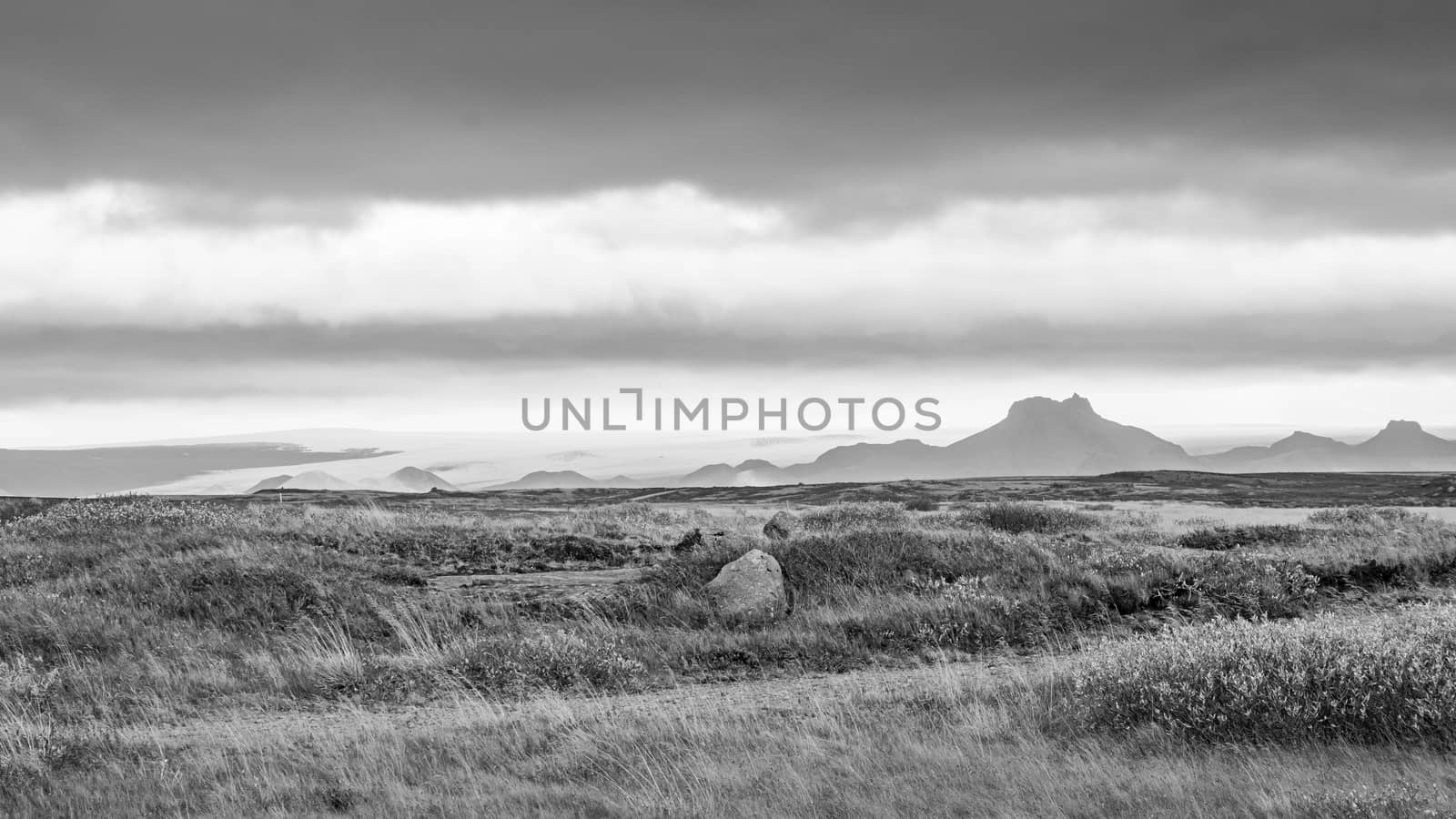 Langjokull Glacier view from Gullfoss over grass land towards the white ice giant in black and white by MXW_Stock