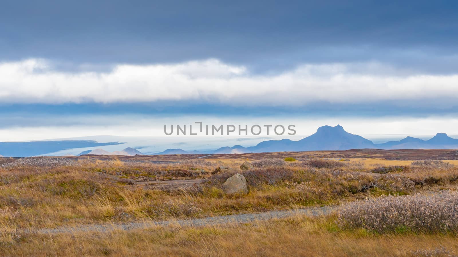 Langjokull Glacier view from Gullfoss over grass land towards the white ice giant by MXW_Stock