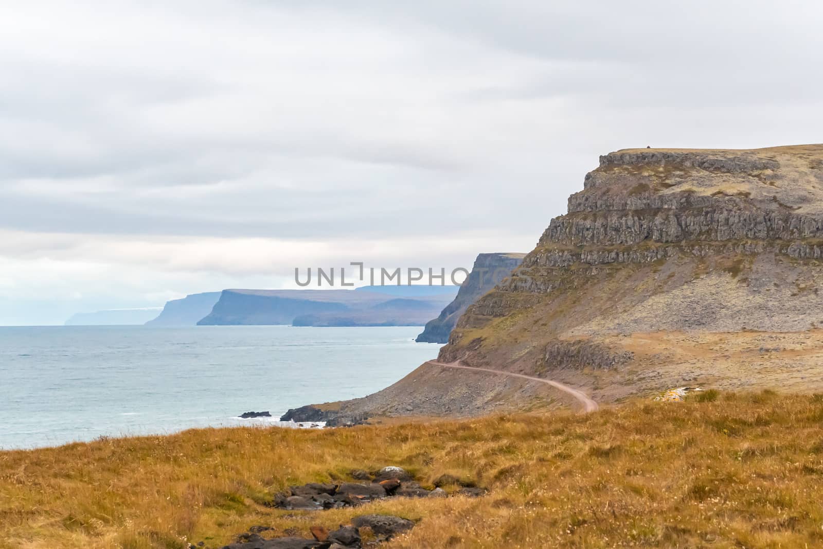Latrabjarg in Iceland cliff coast unpaved road along steep coast into national park by MXW_Stock