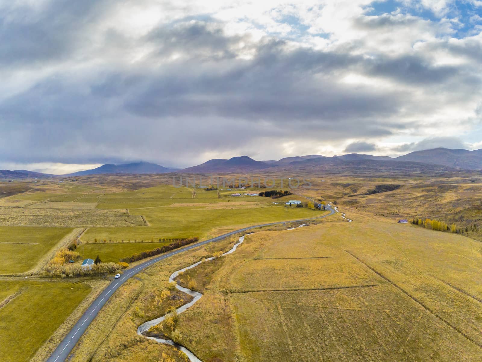 Northern Iceland during autumn aerial photo of landscape during cloudy day by MXW_Stock
