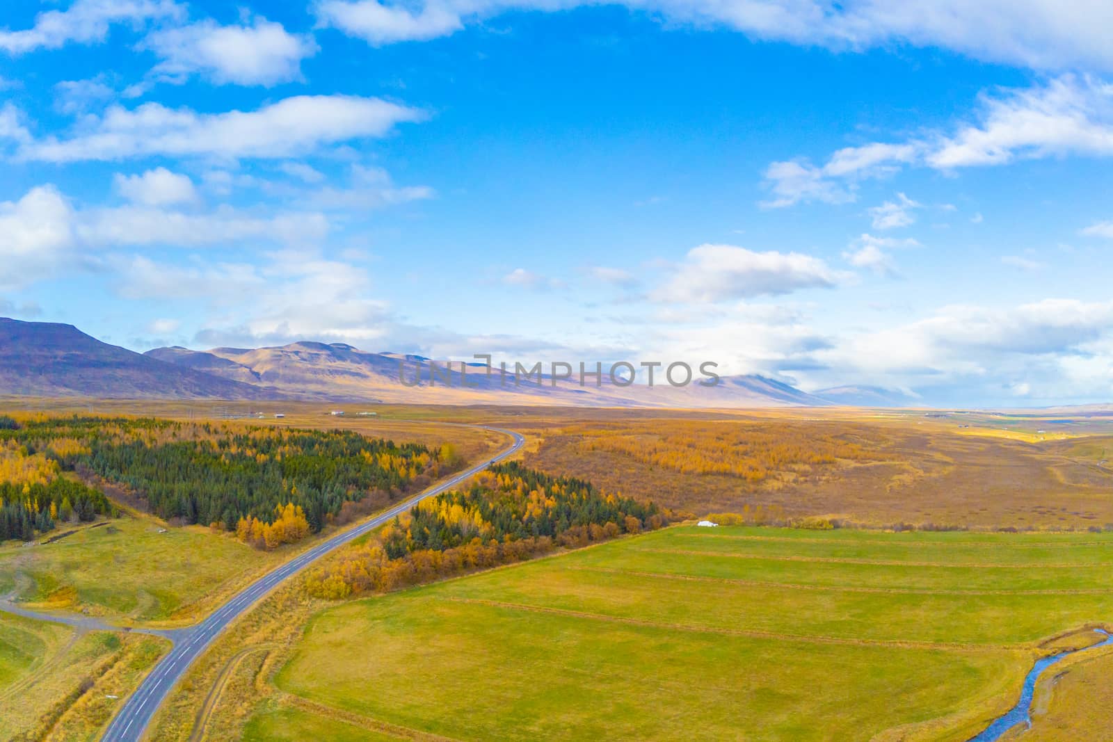 Northern Iceland during autumn aerial photo of trees and landscape turning yellow during sunny weather