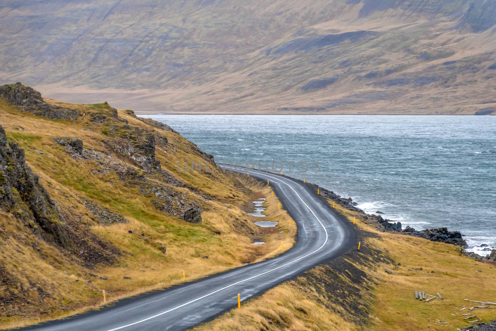 Roadtrip in Iceland empty coast road curving along fjord by MXW_Stock