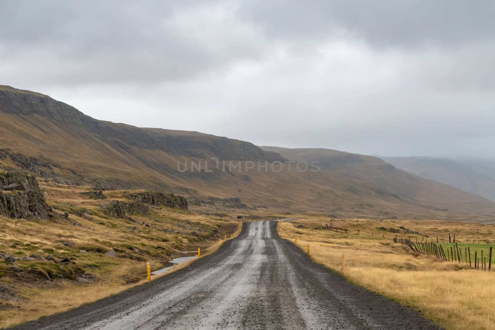Roadtrip in Iceland gravel road along icelandic coast during rainy grey weather by MXW_Stock