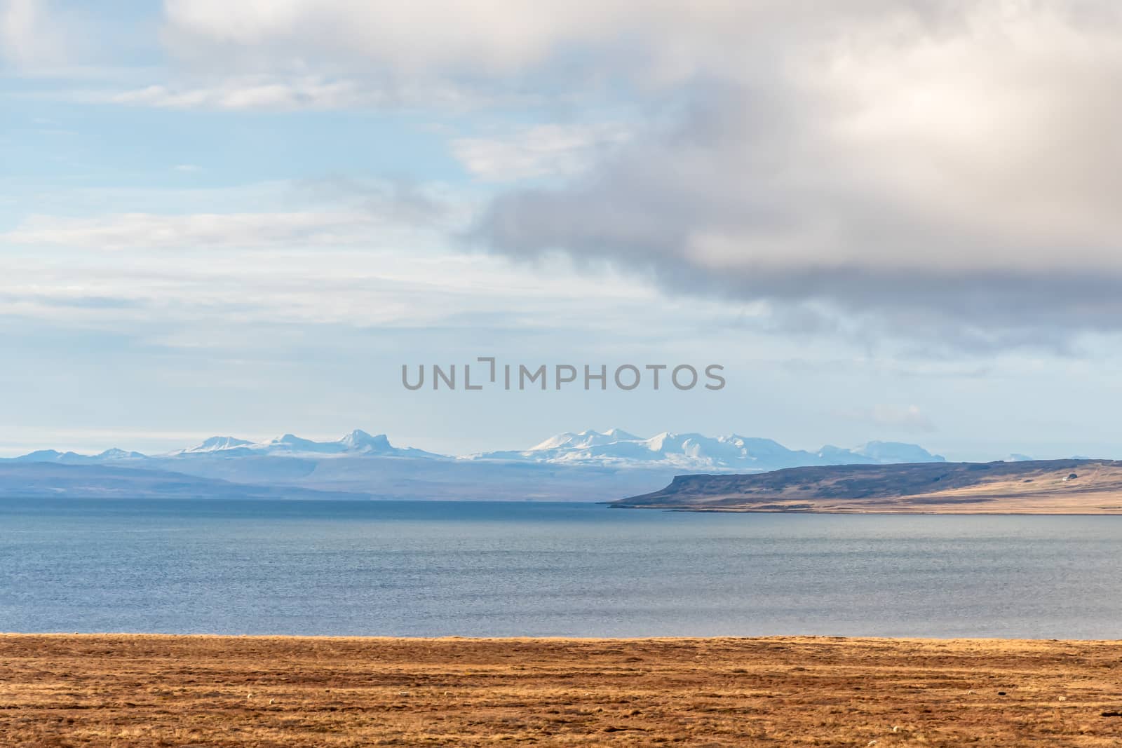 Road trip in Iceland view towards snow covered mountains of Snaefellsnes national park