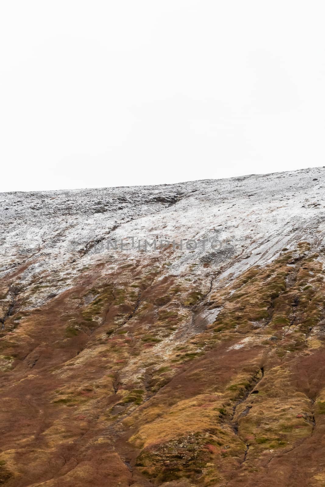 Snow line on mountain slope in Iceland close to the West fjords