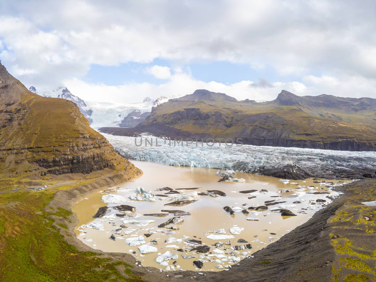 Vatnajoekull glacier in Iceland aerial shot of glacier lake full of ice