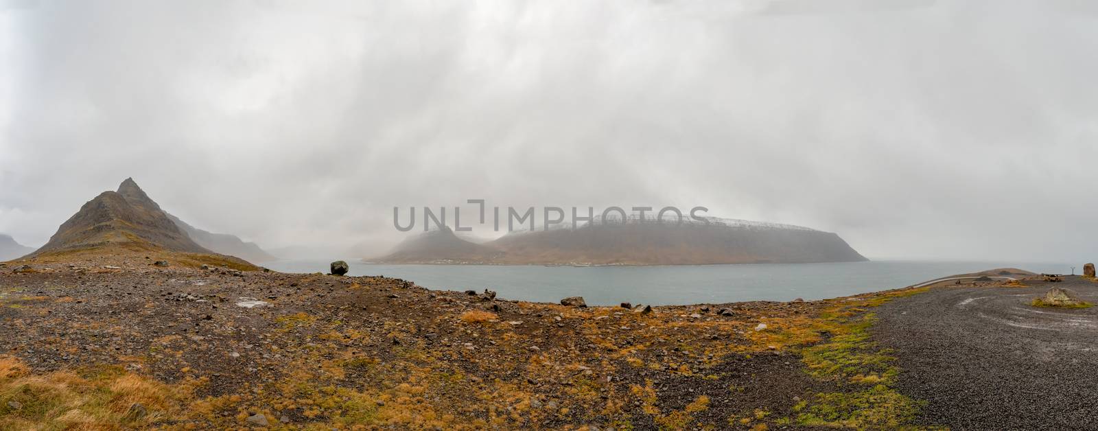 Westfjords of Iceland panorama of Troed Scenic Lookout along Djupvegur view of Sudavik