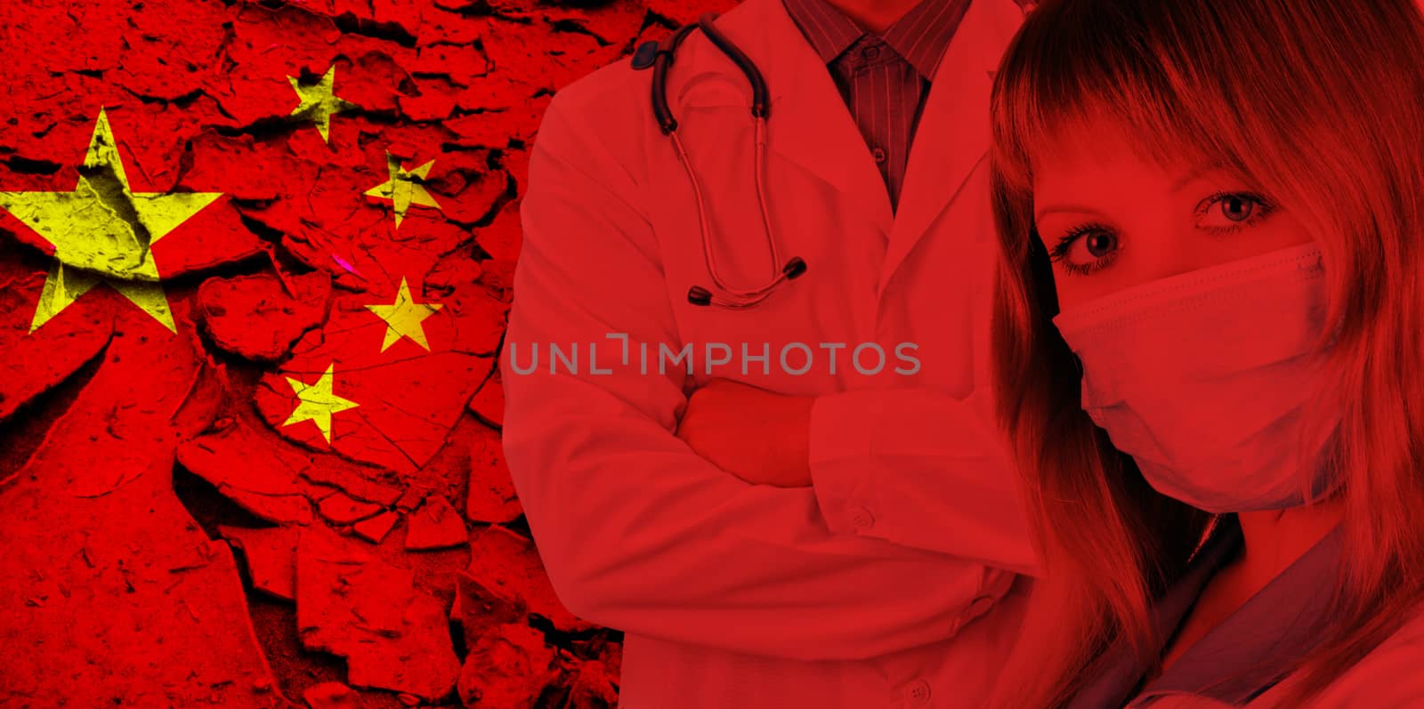 Male and female doctor on China flag background. Concept of corona virus.