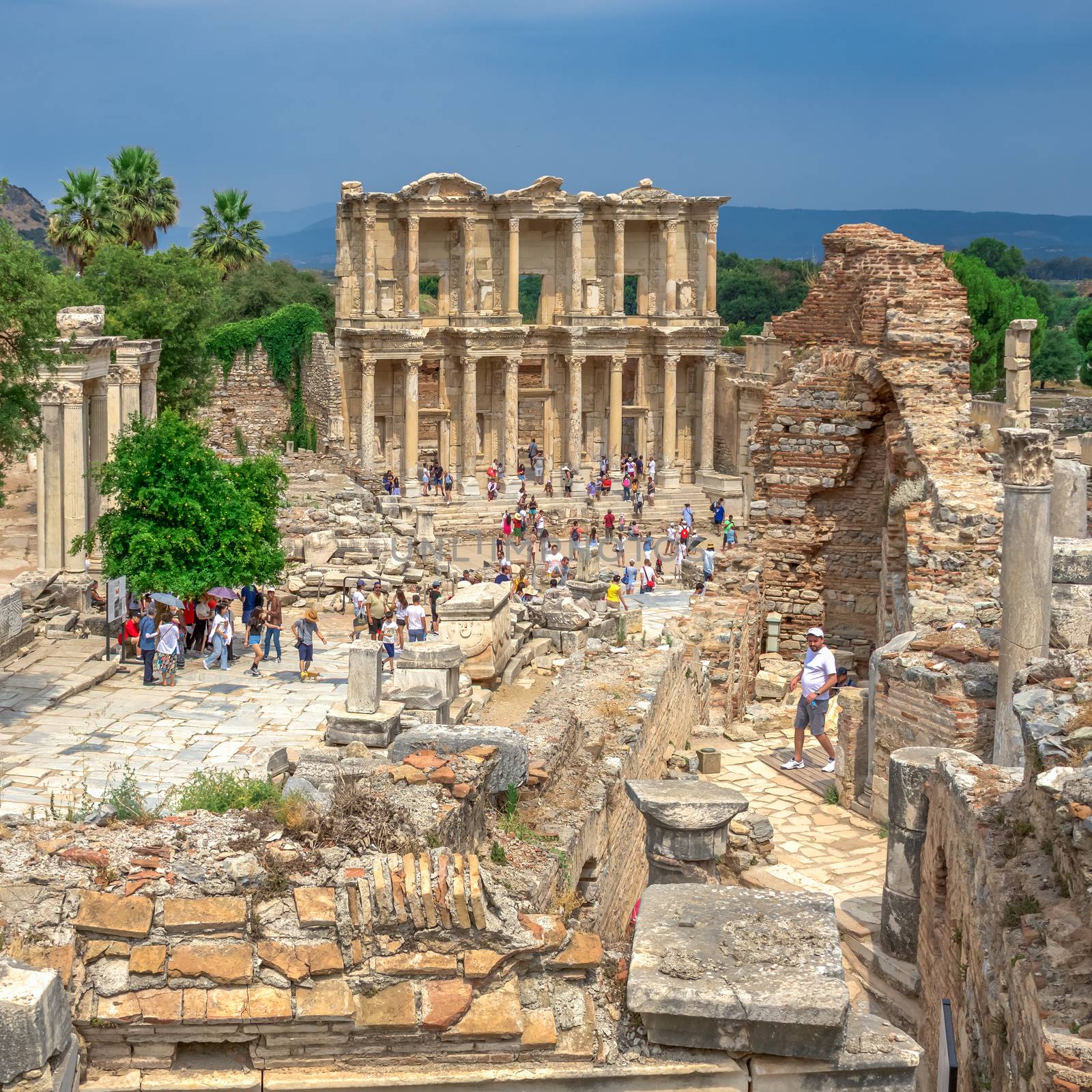 Ephesus, Turkey – 07.17.2019. Ephesus Library of Celsus in antique city on a sunny summer day