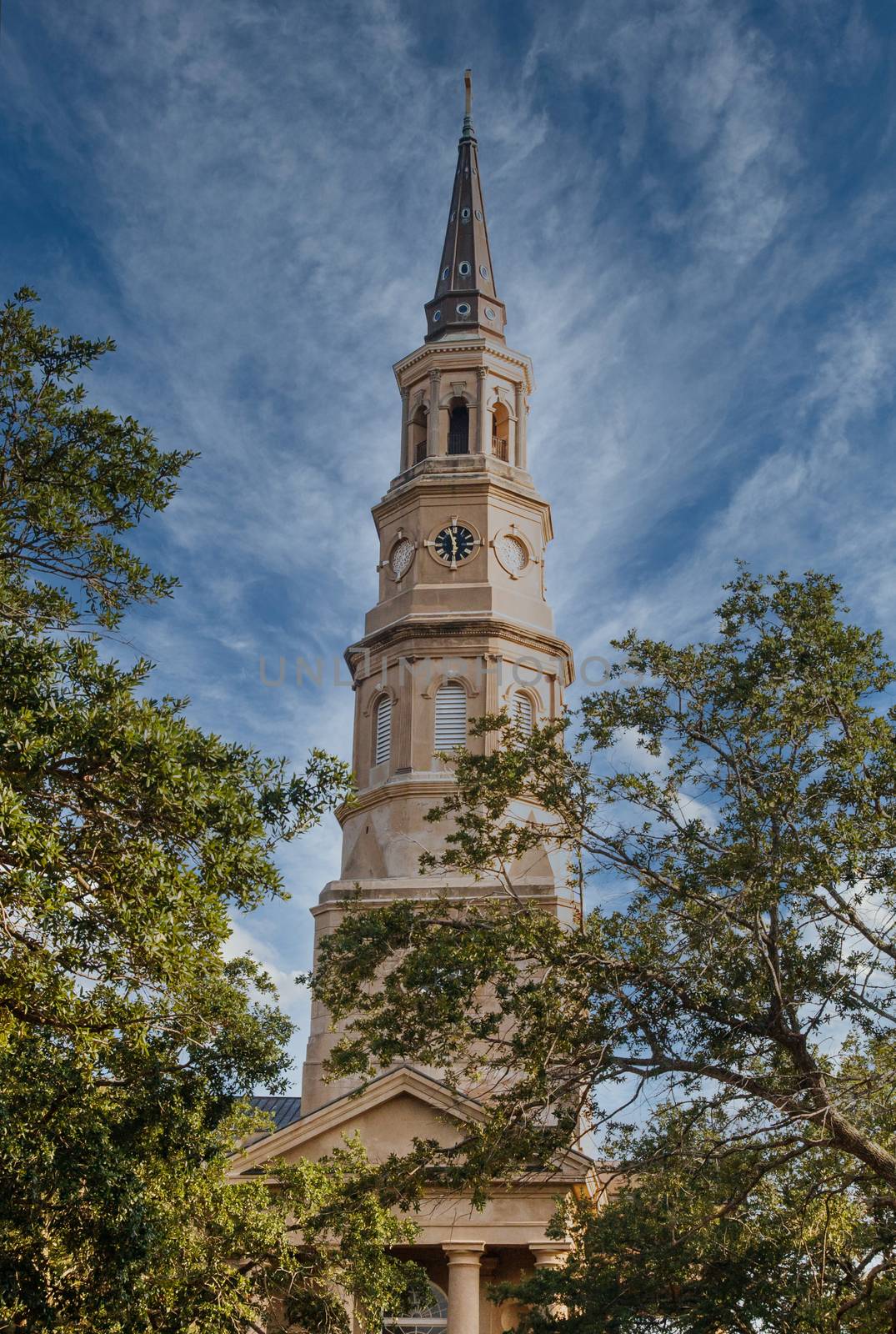 Church Steeple with Clock by dbvirago