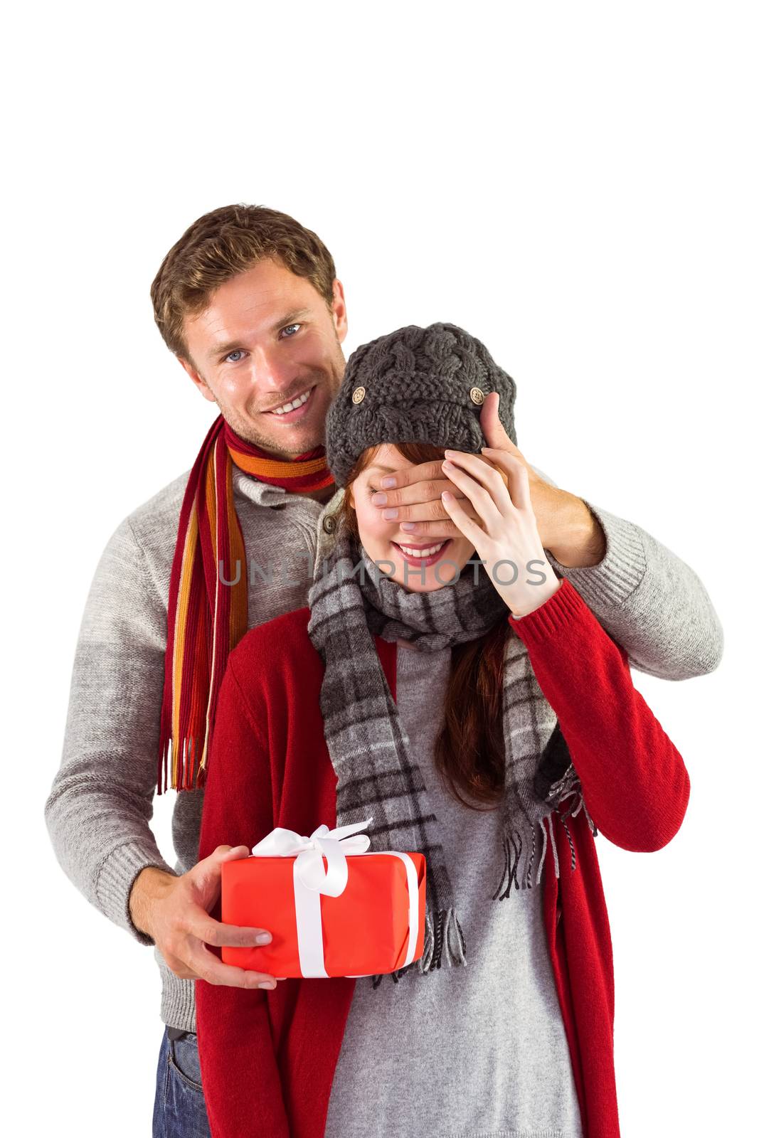 Man giving woman a present on white background