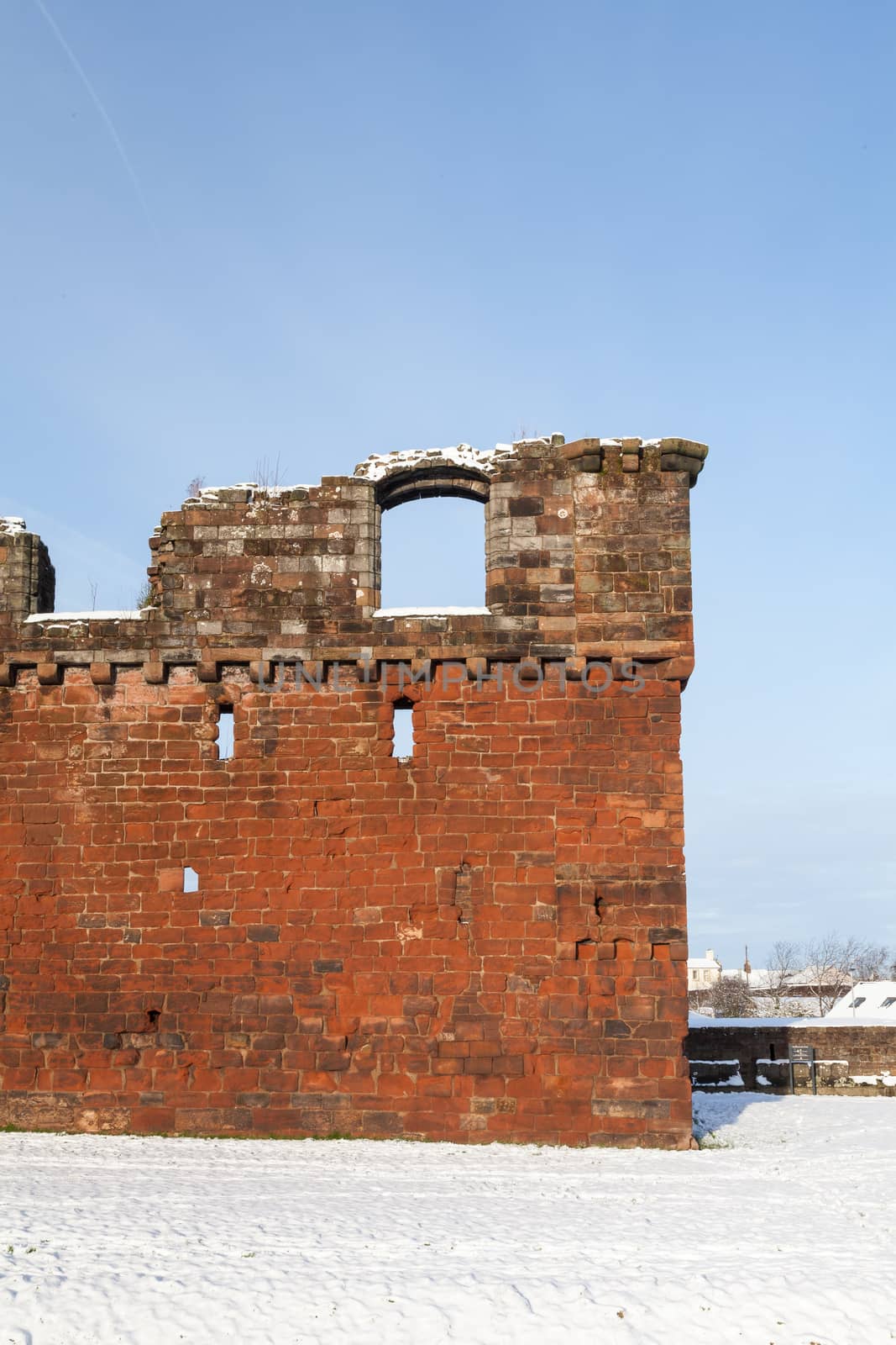 The castle, pictured on a winter's morning, is situated in a public park in Penrith, Cumbria, northern England.  It was built in the 14th century as a defence from Scottish invaders.