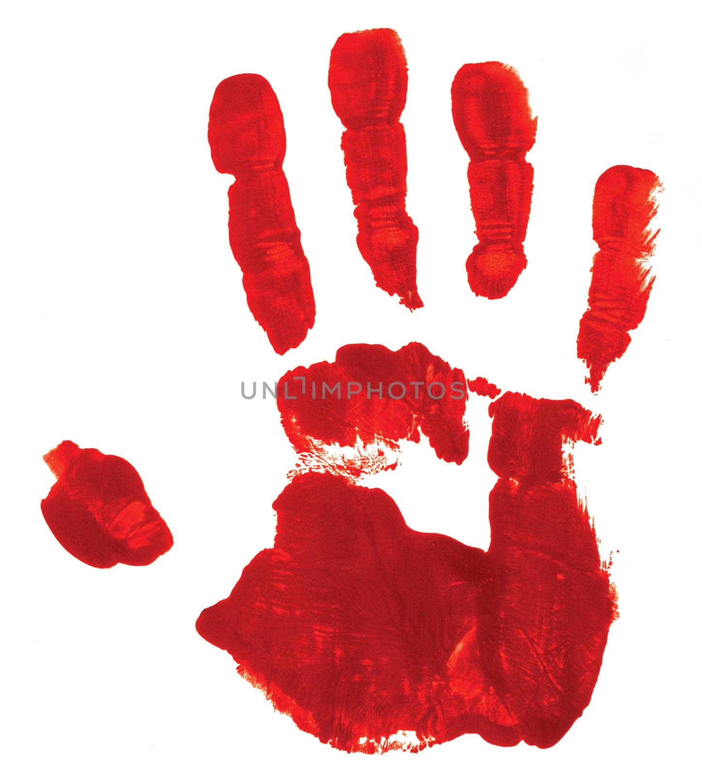 Red hand print on white background by Balefire9
