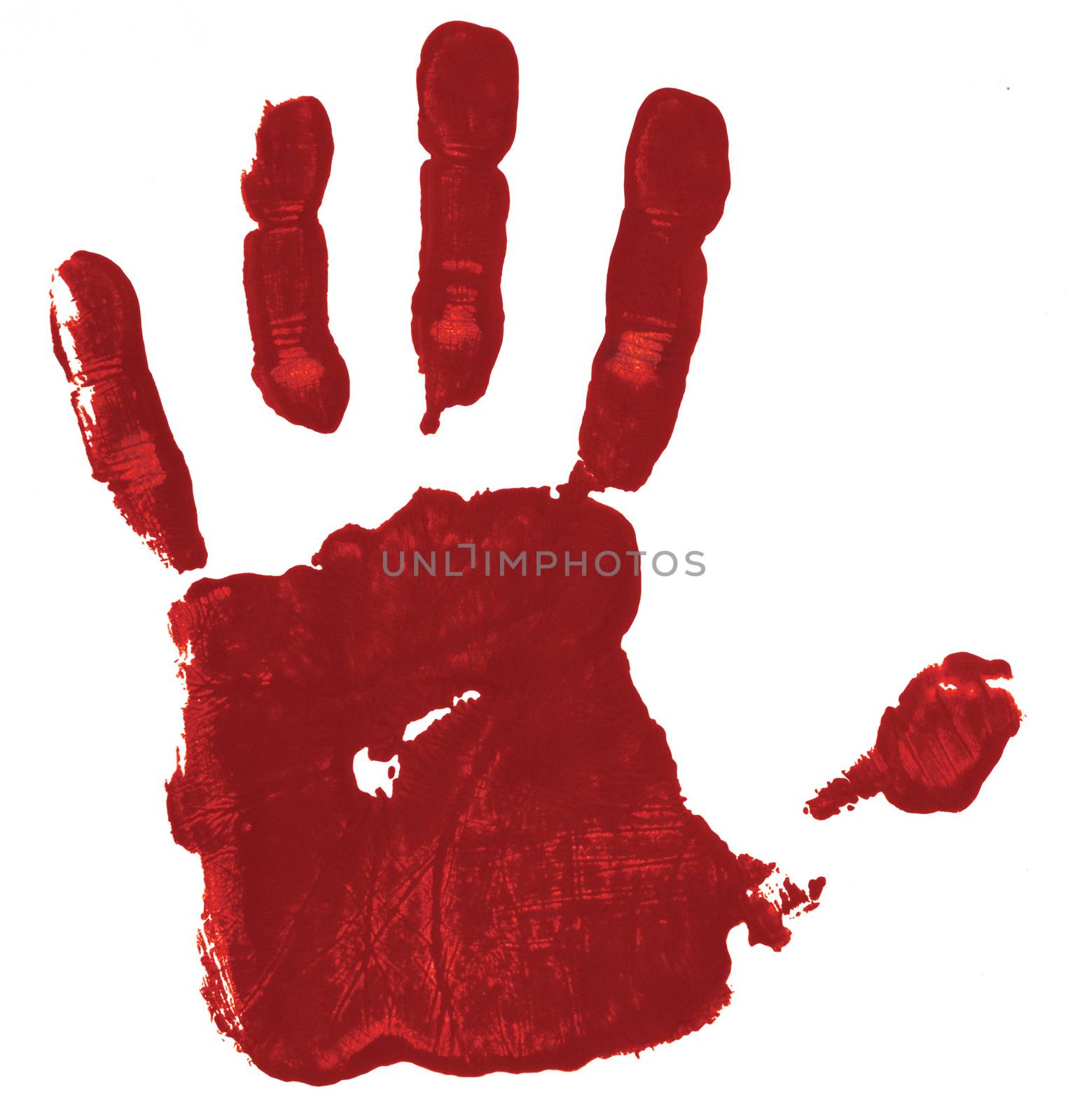 Red hand print on white background suggesting a bloody hand, a possible symbol of guilt.